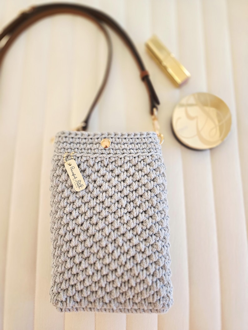 Crochet Crossbody Phone Purse: Handmade, Recycled Cotton, Vegan Leather Strap image 5