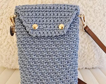 Crochet Crossbody Phone Purse: Handmade, Recycled Cotton, Vegan Leather Strap, Small Pouch