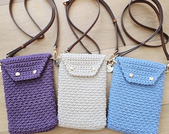 Crochet Crossbody Phone Purse: Handmade, Recycled Cotton, Vegan Leather Strap, Small Pouch