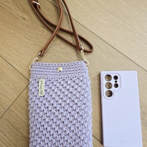 Crochet Crossbody Phone Purse: Handmade, Recycled Cotton, Vegan Leather Strap image 3