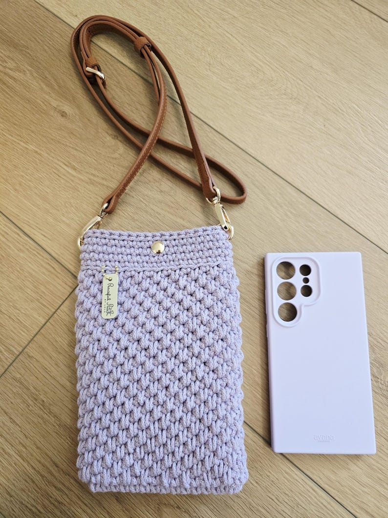 Crochet Crossbody Phone Purse: Handmade, Recycled Cotton, Vegan Leather Strap image 3