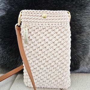 Crochet Crossbody Phone Purse: Handmade, Recycled Cotton, Vegan Leather Strap image 1