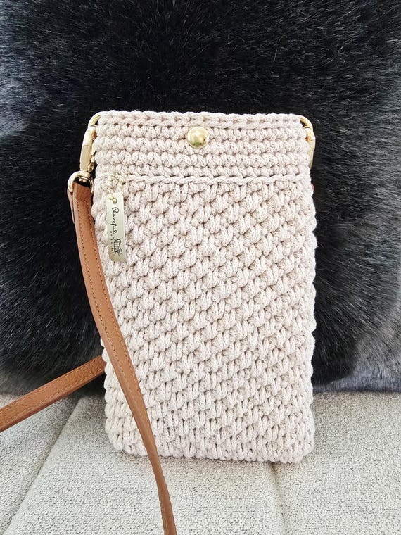 Crochet Crossbody Phone Purse: Handmade, Recycled Cotton, Vegan Leather Strap