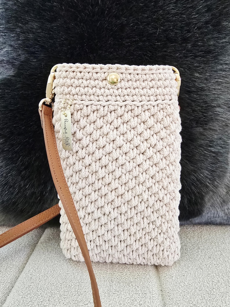 Crochet Crossbody Phone Purse: Handmade, Recycled Cotton, Vegan Leather Strap image 1