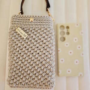 Crochet Crossbody Phone Purse: Handmade, Recycled Cotton, Vegan Leather Strap image 6