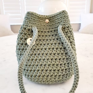 Green Crocheted Bucket Bag: Recycled Cotton Drawstring Shoulder Bag