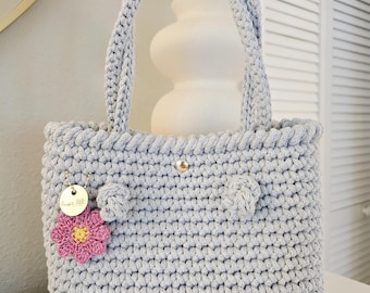 Light Gray Crocheted Shoulder Bag/Boho Chic Purse/Gift for her/Basket Bag/Handmade Purse/Resort Bag/Top Handle Bag