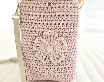Handmade Pastel Pink Crochet Crossbody Phone Purse: Recycled Cotton Cord, Cell Phone Bag