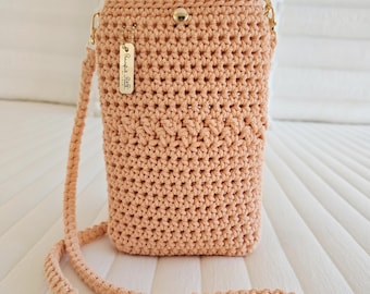 Handmade Peach Crochet Crossbody Phone Purse: Recycled Cotton Cord, Cell Phone Bag