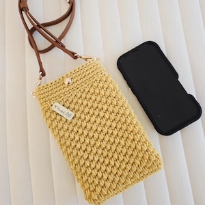Crochet Crossbody Phone Purse: Handmade, Recycled Cotton, Vegan Leather Strap