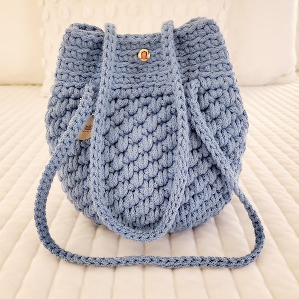 Crocheted Bucket Bag / Drawstring Bag / Shoulder Bag / Ladies Purses / Crocheted Purse / Boho Bag / Blue Bag / Crocheted Gifts