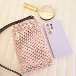 Crochet Crossbody Phone Purse: Handmade, Recycled Cotton, Vegan Leather Strap image 4