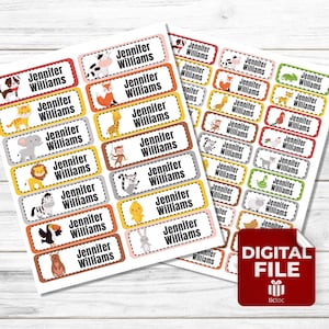 Personalized 46 School Supply Animal Digital Printable Labels - Personalized Animal Name Labels - School Animal Supply Labels