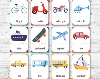 Vehicles Flashcards: Montessori Preschool Learning (PDF Printable)