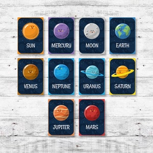 Zonnestelsel PDF afdrukbare kaarten, Flash Cards, Preschool Printables, afdrukbare Flashcards, afdrukbaar, de ruimte, zonnestelsel