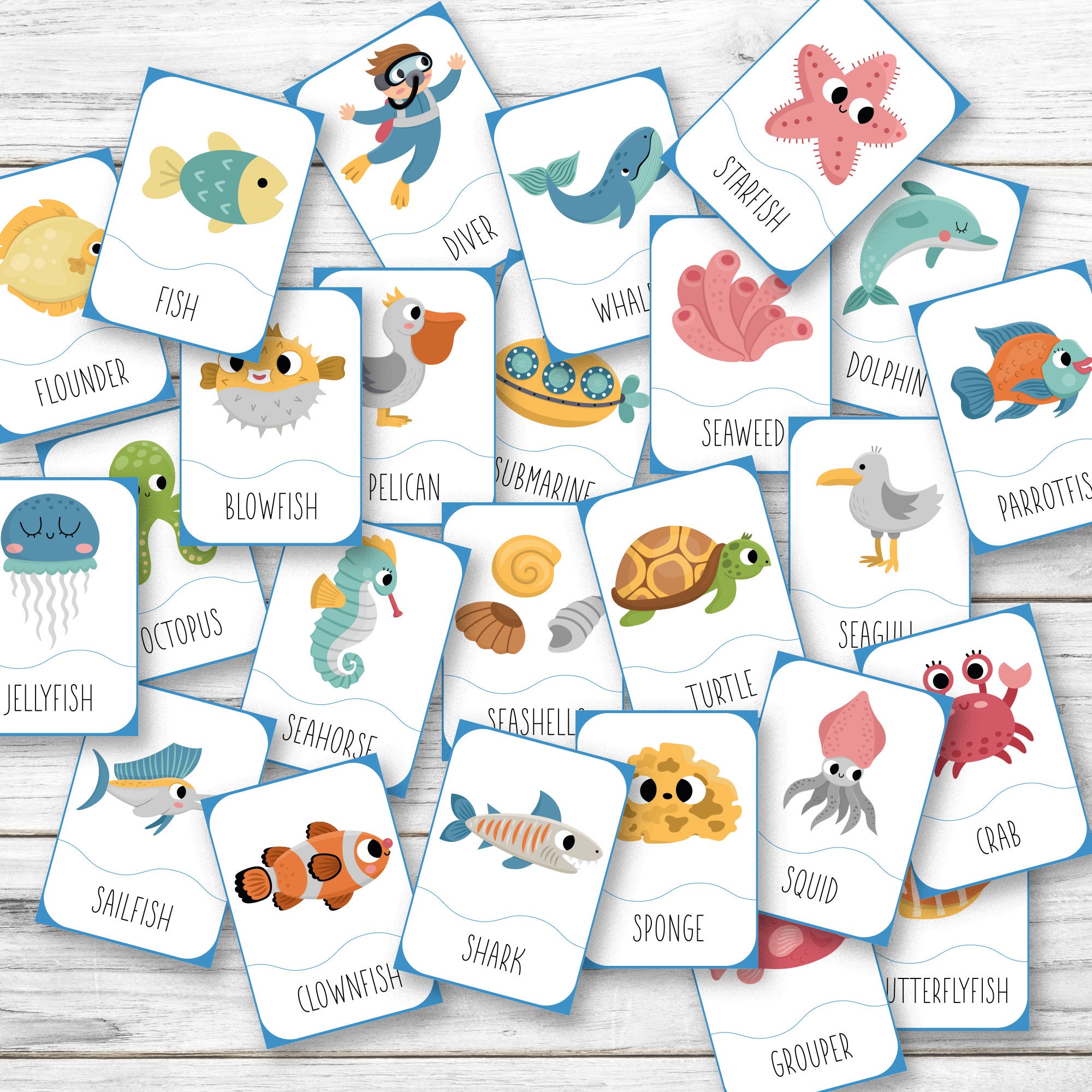 25 Sea Animal Flashcards Printable - Under the sea Flash Cards - Ocean Cute Animals Montessori Material - Sea Animal Flashcards