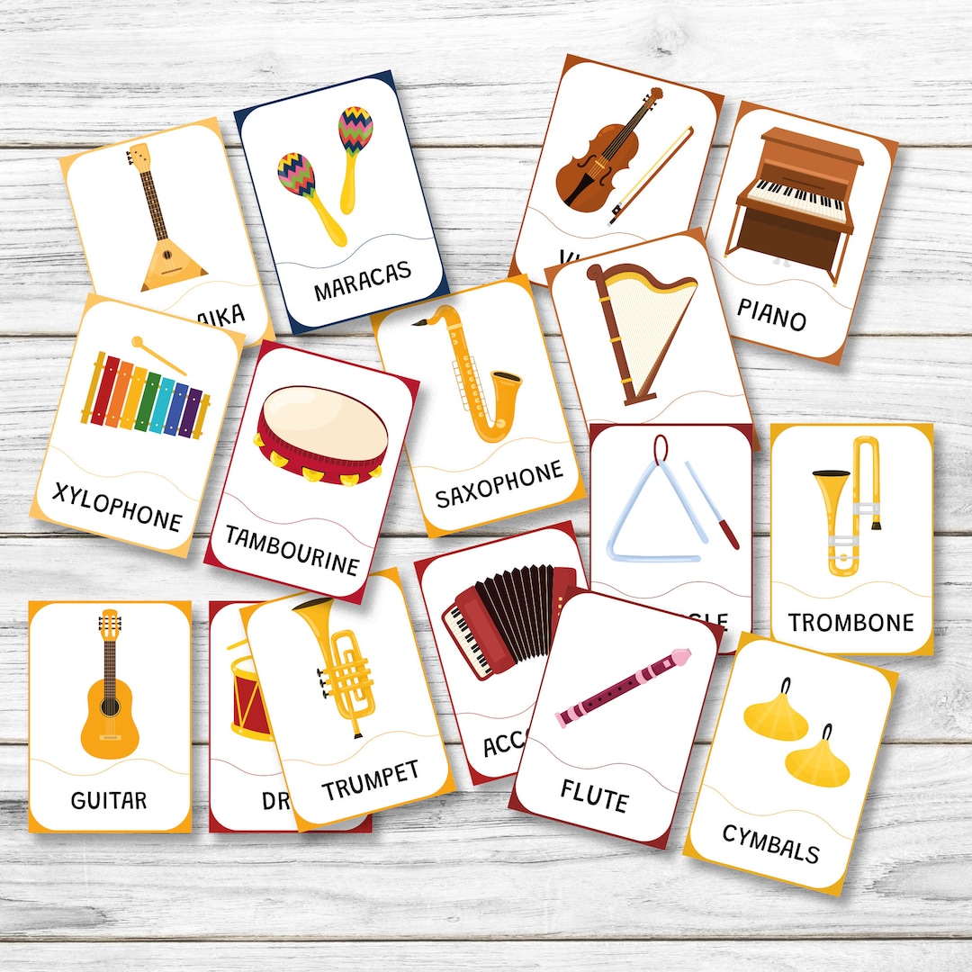 16 Musical Instruments Printable Flash Cards, Musical Instruments Cards