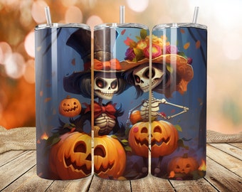 Halloween Skeletons Seamless 20 oz Skinny Tumbler Sublimation Design, Straight & Tapered Tumbler Wrap, Instant Digital Download PNG