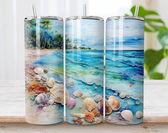 May include: Three stainless steel tumblers with a beach scene and seashells. The tumblers are painted with a watercolor style and feature a blue ocean, white sand, and palm trees.