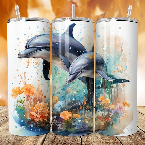 Dolphins Blue White Seamless 20 oz Skinny Tumbler Sublimation Design, Straight & Tapered Tumbler Wrap, Instant Digital Download PNG