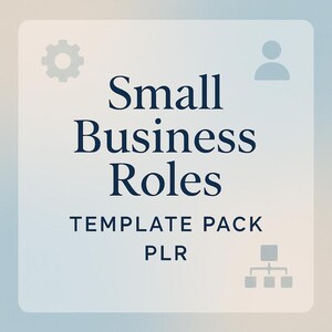 Könnte beinhalten: Hellblaue Grafik mit dem Text "Small Business Roles TEMPLATE PACK PLR". Das Bild enthält Symbole eines Zahnrads, einer Person und eines Flussdiagramms. Der Hintergrund hat einen Farbverlauf aus Hellblau und Weiß.