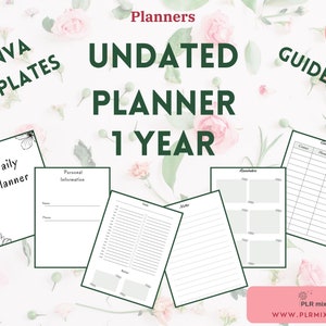 Undated Daily Planner. 1 Year. Canva Templates. PLR