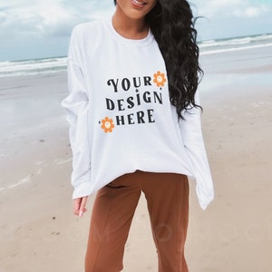 White Sweater Mockup | Gildan 18000 white Mockup | White sweatshirt Mockup |  White Jumper oversized | Gildan sweater | White Beach Sweater
