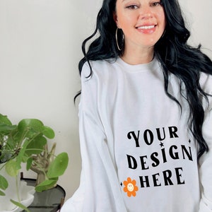 White Gildan 18000 Mockup, Gildan 18000 White Crewneck Mockup, White Sweater Mock,  Gildan Plus size trendy Mock, Gildan White Crewneck