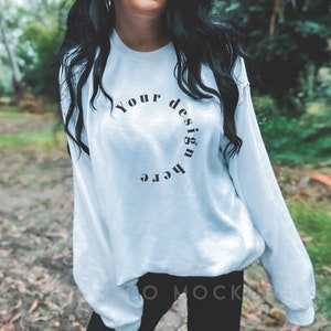 White Gildan Sweater Mockup | Gildan 18000 Mockup | 18000 Model nature outdoors Mockup |  White 18000 oversized | Gildan crewneck mockup