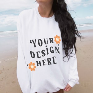 White Sweater Mockup | Gildan 18000 white Mockup | White sweatshirt Mockup |  White Jumper oversized | Gildan sweater | White Beach Sweater