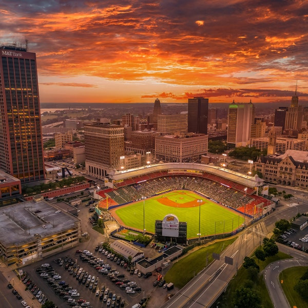 Buffalo Bisons Sahlen Field Sunset Aerial Photo | Baseball Stadium Wall Art | Sports Photography Decor | Buffalo Skyline Print | sports gift