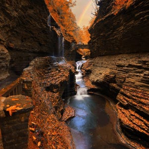 Watkins Glen NY in Autumn - Rainbow Falls Watkins Glen - Finger Lakes New York , Fall Foliage Print, Waterfall Photo, Colorful Autumn Decor