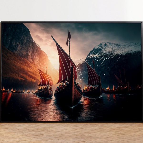 Affiche de bateau viking, chaloupe viking, affiche viking, décoration murale mythologie, cadeaux vikings, impression d'art Viking de Norvège, papier peint viking, art mural