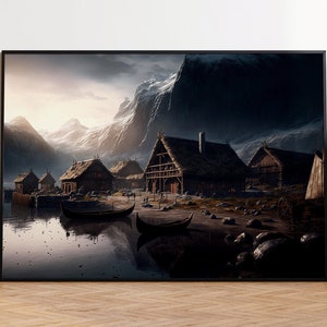 Viking Village, Vikings, Vikings Decor, Norse Pagan Decor, Snowy Village print, Norse Mythology, Mythology Wall Decor, Viking Ship Poster