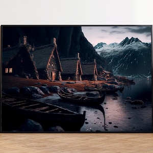 Viking Village, Vikings, Vikings Decor, Norse Pagan Decor, Snowy Village print, Norse Mythology, Mythology Wall Decor, Viking Ship Poster