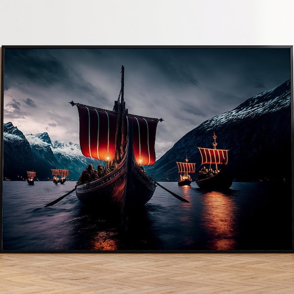 Viking Ship Poster, Viking Long Boat, Viking Poster, Mythology Wall Decor, Viking Gifts, Norway Viking Art Print, Viking Wallpaper, Wall Art
