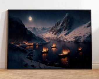 Póster de barco vikingo: Impresión artística de mitología nórdica
