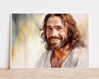 Laughing Christ Christ&#39;s Embrace Jesus Picture Jesus Painting Jesus Art Christ&#39;s Smile Jesus Watercolor Jesus Wall Art Xmas Jesus Gift Jesus
