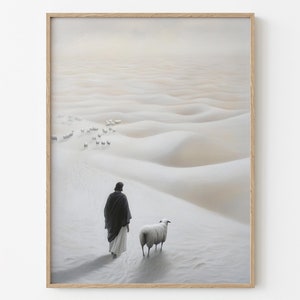 Jesus Leaving 99 Sheep Print: Minimalist Christian Art (Digital Download)