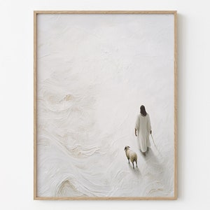 Jesus and Lost Sheep Art Print: Minimalist Christian Painting (Digital Download)