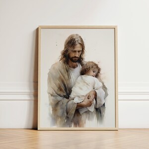 Jesus with Child, Jesus Portrait, Jesus Painting, Jesus Print, Jesus Art, Jesus Wall Art, Jesus Faceless, Jesus Watercolor, MULTIPLE SIZES