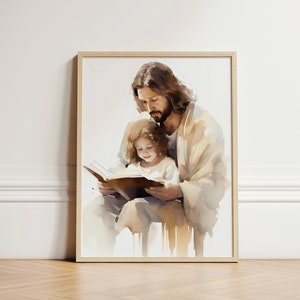 Jesus Teaching Child, Jesus Portrait, Jesus Painting, Jesus print, Jesus Wall Art, Jesus Art, White Jesus, Jesus Watercolor, Home Decor