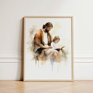 Jesus Teaching Child, Jesus Portrait, Jesus Painting, Jesus print, Jesus Wall Art, Jesus Art, White Jesus, Jesus Watercolor, Home Decor