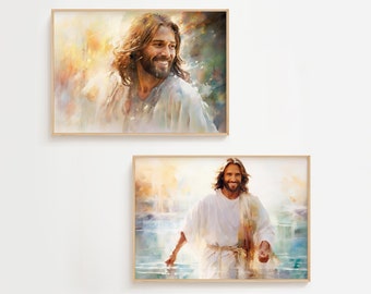 May include: Two framed paintings of Jesus Christ. The first painting shows Jesus looking to the right with a gentle smile. The second painting shows Jesus walking on water with his arms outstretched.