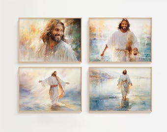 Set of 4 Jesus Art Laughing Christ Embrace Jesus Picture Jesus Painting Christ&#39;s Smile Jesus Watercolor Jesus Wall Art Xmas Jesus Gift