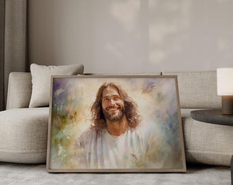 Smiling Jesus Christ Watercolor Painting: Religious Wall Art (Digital Download)