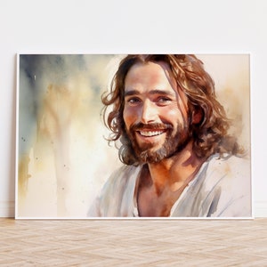 Smiling Jesus Christ Watercolor Portrait - Christian Wall Art
