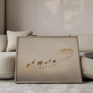 May include: A framed art print depicts a procession of animals, including lions, giraffes, and elephants, walking towards a wooden ark. The artwork has a muted color palette and is displayed on a beige sofa.