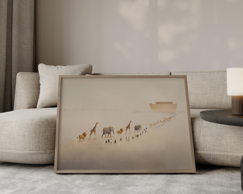 May include: A framed art print depicts a procession of animals, including lions, giraffes, and elephants, walking towards a wooden ark. The artwork has a muted color palette and is displayed on a beige sofa.