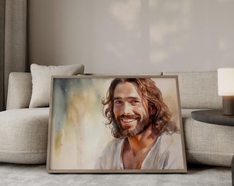 Smiling Jesus Christ Watercolor Portrait - Christian Wall Art